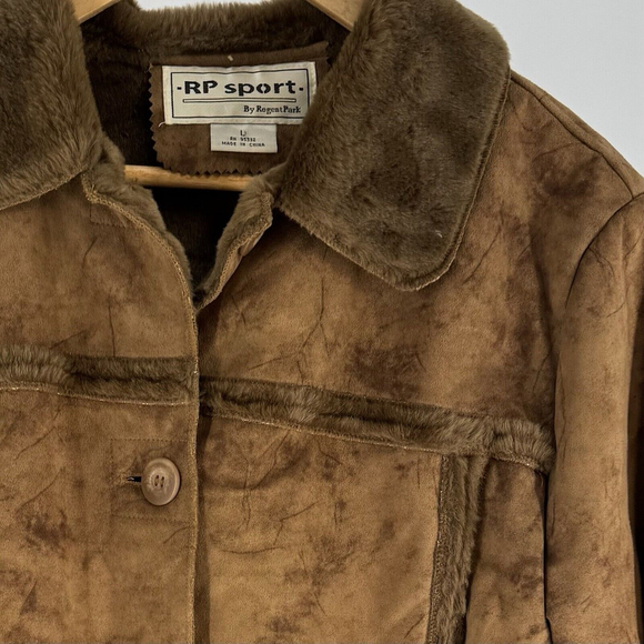 RP SPORT BY REGENT Women's Large Brown Vegan Fur Suede Button Coat Boho Western - Picture 2 of 8